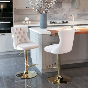 4x Height Adjustable Swivel Bar Stool | Velvet Studs | Barstool with Footrest | Golden Base | Beige