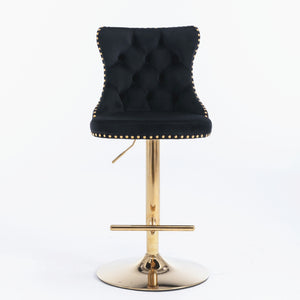4x Height Adjustable Swivel Bar Stool | Velvet Studs | Barstool with Footrest | Golden Base | Black