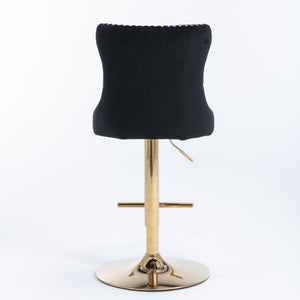 4x Height Adjustable Swivel Bar Stool | Velvet Studs | Barstool with Footrest | Golden Base | Black