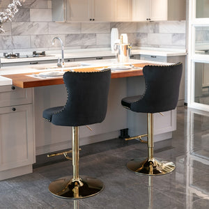 4x Height Adjustable Swivel Bar Stool | Velvet Studs | Barstool with Footrest | Golden Base | Black