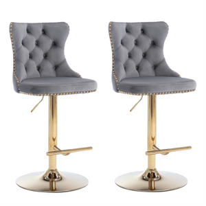 4x Height Adjustable Swivel Bar Stool | Velvet Studs | Barstool with Footrest | Golden Base | Gray