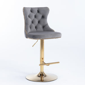 4x Height Adjustable Swivel Bar Stool | Velvet Studs | Barstool with Footrest | Golden Base | Gray