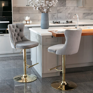 4x Height Adjustable Swivel Bar Stool | Velvet Studs | Barstool with Footrest | Golden Base | Gray