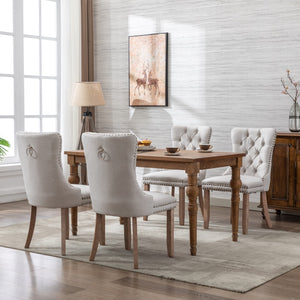 6x AADEN Modern Elegant Button-Tufted Upholstered Fabric | Studs Trim | Wooden Legs Dining Side Chair | Beige