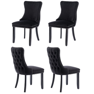 4x Velvet Upholstered Dining Tufted Chairs | Studs Trim | Solid Wood Legs | Black