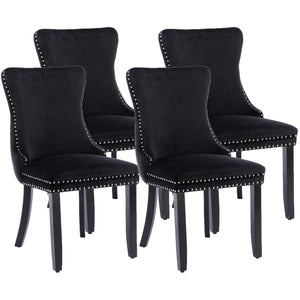 4x Velvet Upholstered Dining Tufted Chairs | Studs Trim | Solid Wood Legs | Black