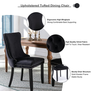 4x Velvet Upholstered Dining Tufted Chairs | Studs Trim | Solid Wood Legs | Black