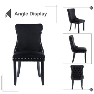 4x Velvet Upholstered Dining Tufted Chairs | Studs Trim | Solid Wood Legs | Black