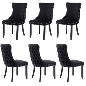 6x Velvet Upholstered Dining Tufted Chairs | Studs Trim | Solid Wood Legs | Black