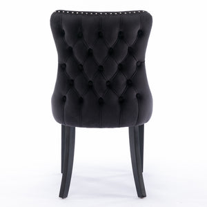 8x Velvet Upholstered Dining Tufted Chairs | Studs Trim | Solid Wood Legs | Black