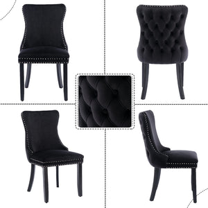 8x Velvet Upholstered Dining Tufted Chairs | Studs Trim | Solid Wood Legs | Black