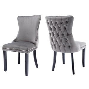 6x Velvet Upholstered Dining Chairs | Tufted Wingback Side Chair | Studs Trim | Solid Wood Legs | Kitchen