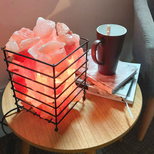 12V 12W Rectangle Iron Basket Himalayan Pink Salt Lamp | Rock Crystal Bulb On/Off