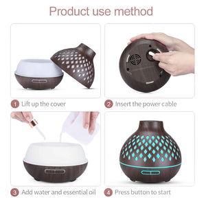 Essential Oil Aroma Diffuser | 400ml | Hollowed Wood | Mist Humidifier | Remote