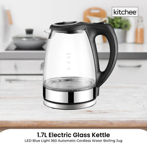 1.7L Electric Glass Kettle | LED Blue Light, 360° Automatic Cordless Boiling Jug