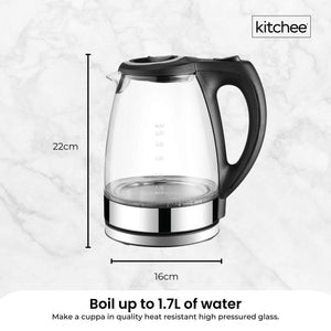 1.7L Electric Glass Kettle | LED Blue Light, 360° Automatic Cordless Boiling Jug
