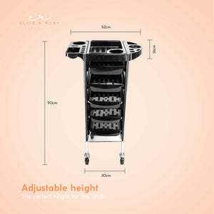 5-Drawer Hairdressing Trolley | Black | 90x30x36cm | Salon Beauty Rolling Cart
