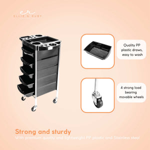 5-Drawer Hairdressing Trolley | Black | 90x30x36cm | Salon Beauty Rolling Cart