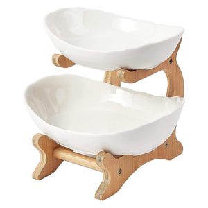 2-Tier Porcelain Fruit Bowl | Ceramic Vegetable Storage | With Bamboo Stand