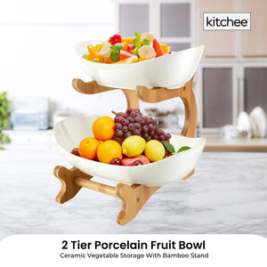 2-Tier Porcelain Fruit Bowl | Ceramic Vegetable Storage | With Bamboo Stand