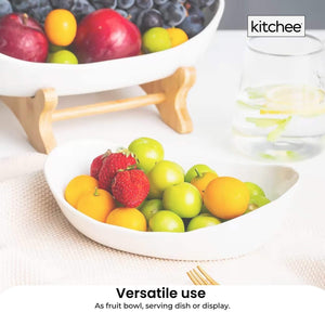 2-Tier Porcelain Fruit Bowl | Ceramic Vegetable Storage | With Bamboo Stand