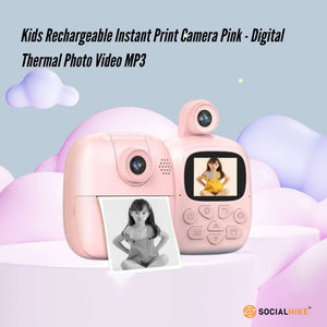 Kids Rechargeable Instant Print Camera | Pink | Digital Thermal Photo & Video | MP3 Player | Fun Learning Toy
