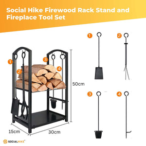 Social Hike Firewood Rack & Tool Set | Log Holder Storage | Fireplace Accessories
