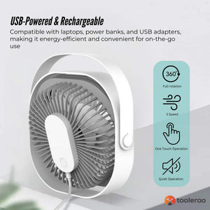 Desktop Fan | 20cm | 3-Speed | USB Rechargeable | Quiet & Lightweight Cooler