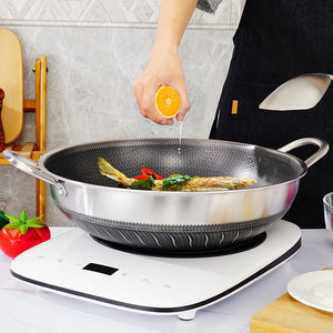 316 Stainless Steel 38cm Double Ear Non-Stick Stir Fry Wok Pan | Honeycomb Double Sided | Without Lid