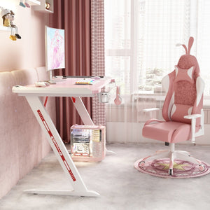 140cm RGB Gaming Desk | Home Office | Carbon Fiber LED Lights | Game Racer Computer PC Table | Z-Shaped | Pink