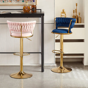 2x Adjustable Swivel Bar Stools | Velvet Upholstery | Gold Base | Padded Seat | Blue