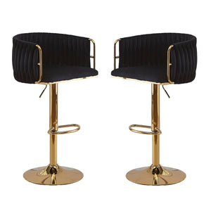 2X Height Adjustable Black Swivel Bar Stool | Velvet Golden Round Base | Barstools Chairs