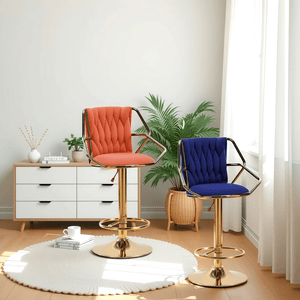 2X Height Velvet Padded Golden Round Base Barstools Chairs | with Backrest and Footrest | Beige