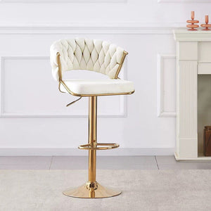 2X Height Beige Velvet Padded Golden Round Base Barstools Chairs