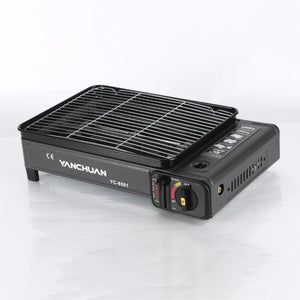 Portable Gas Stove Burner Butane BBQ Camping Gas Cooker With Non Stick Plate Black with Fish Pan and Lid
