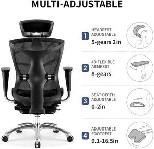 Sihoo Ergonomic Office Chair V1 | 4D Adjustable High-Back | Breathable with Footrest and Lumbar Support | Grey