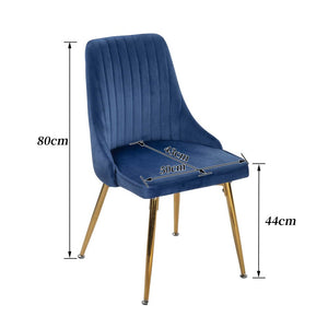 Viva Forever | Set of 2 Blue Velvet Dining Chairs | Art Deco Design | Gold Metal Legs