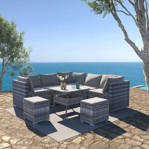 8PC Outdoor Dining Set | Wicker Table & Chairs | Grey
