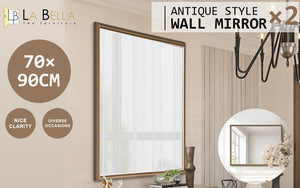 2 Set Wall Mirror | Rectangular Frame | Bathroom | 70x90cm | Antique Brown