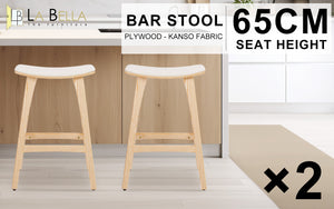 2X Wooden Bar Stool | Padded Fabric Dining Chair | Kanso | 65cm | Beige