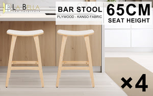 4X Wooden Bar Stool | Padded Fabric Dining Chair | Kanso | 65cm | Beige
