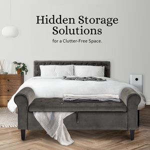 Storage Ottoman Stool Arm Bench Seat | 132cm | Velvet | Grey