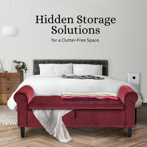 Storage Ottoman Stool Arm Bench Seat | 132cm | Velvet | Red