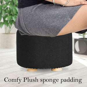 Fabric Ottoman Round Wooden Leg Foot Stool | BLACK
