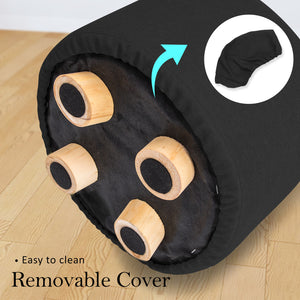 Fabric Ottoman Round Wooden Leg Foot Stool | BLACK