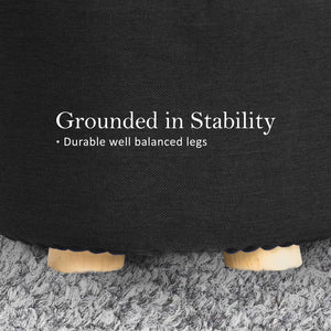 Fabric Ottoman Round Wooden Leg Foot Stool | BLACK