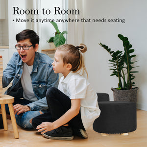 2X Fabric Ottoman Round Wooden Leg Foot Stool | BLACK