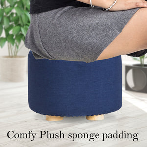 Fabric Ottoman Round Wooden Leg Foot Stool | DARK BLUE