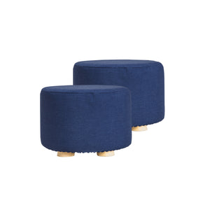2X Fabric Ottoman Round Wooden Leg Foot Stool | DARK BLUE
