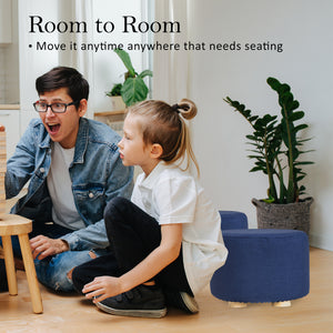 2X Fabric Ottoman Round Wooden Leg Foot Stool | DARK BLUE